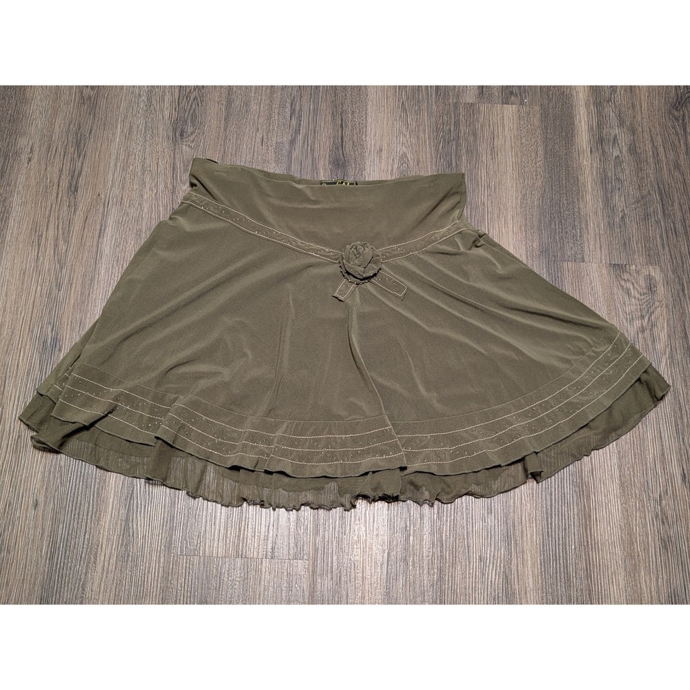 CAL Fashion Olive Green Rosette Rhinestone Tiered Ruffle Mini Skirt Size Large